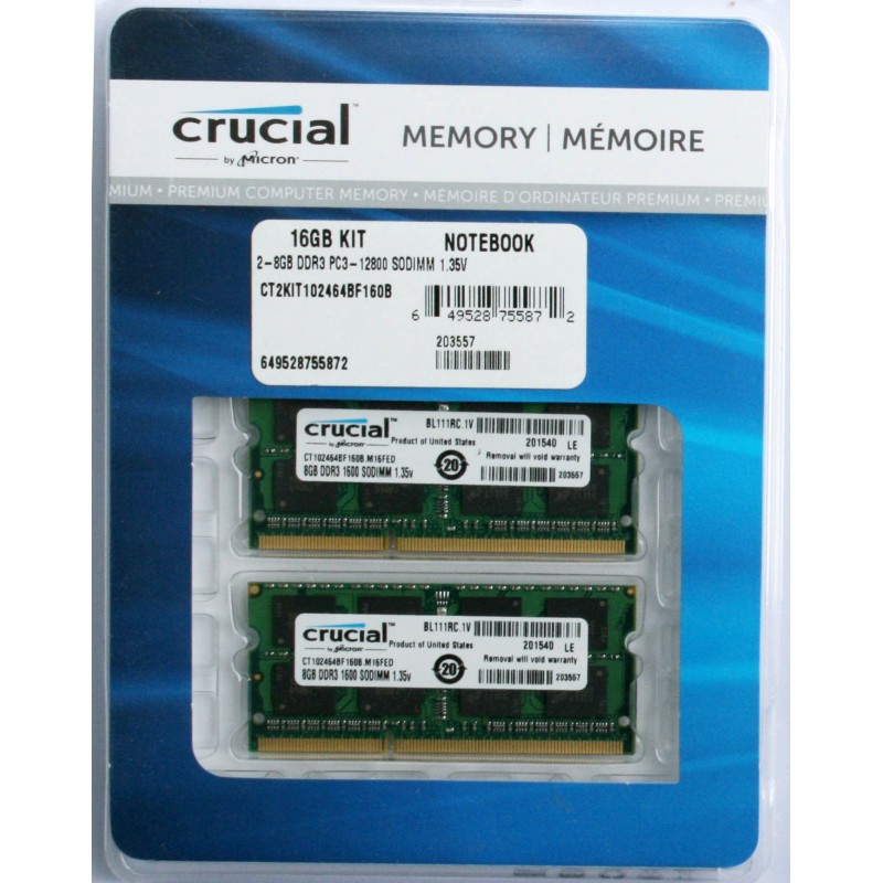 New CRUCIAL 16GB (2x 8GB) DDR3 PC3L-12800 1600MHz Laptop MacBook iMac Memory CT2KIT102464BF160B
