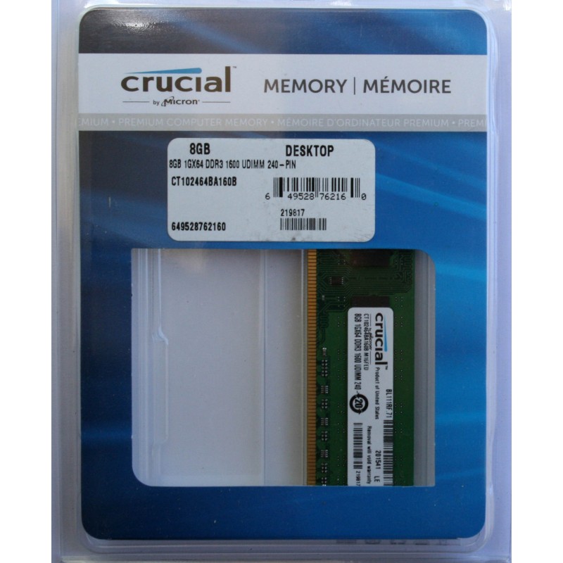 New Crucial 8GB PC3-12800 DDR3 1600MHz Desktop Memory Non-ECC CL8 CT102464BA160B